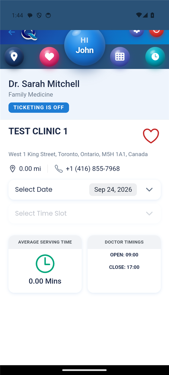 QMyTurn doctor page for Dr. Sarah Mitchell at Test Clinic 1, showing date and time slot pickers alongside average serving time and doctor timings