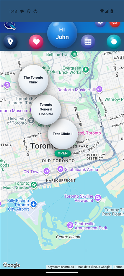 QMyTurn app map view centered on Toronto, showing Test Clinic 1 with a live Open status badge among nearby pins