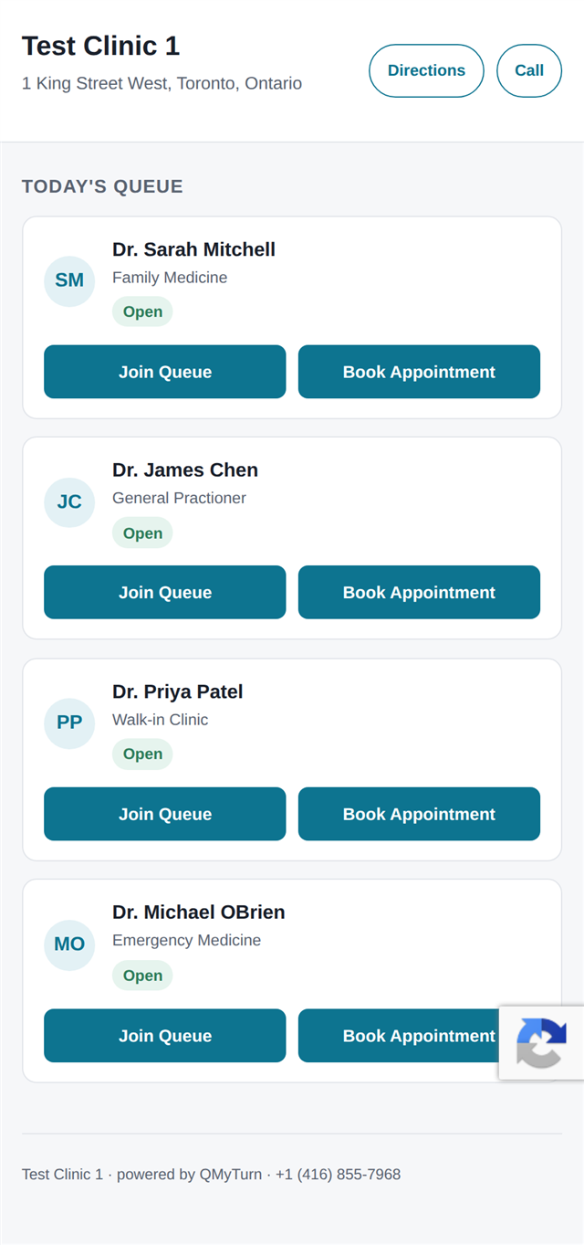 QMyTurn public clinic page for Test Clinic 1 on a phone browser, showing four demo doctors with Join Queue and Book Appointment buttons